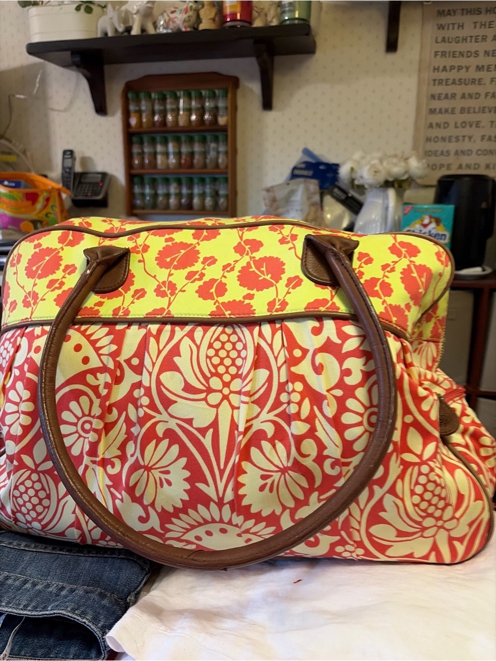 Floral Canvas Tote Bag in Yellow, Coral & Brown
